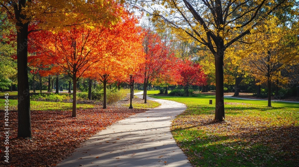 Naklejka premium Autumnal path through a park bathed in sunlight.
