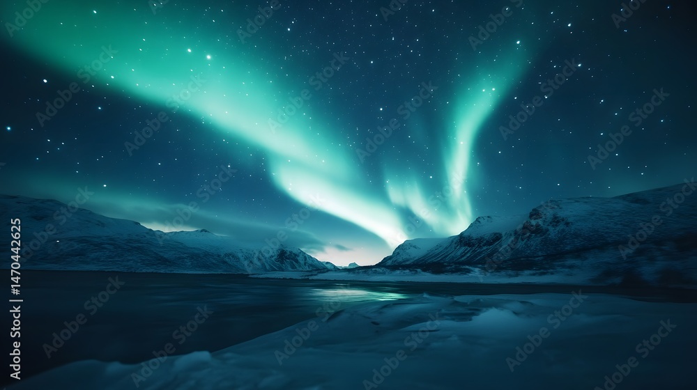 Naklejka premium Aurora Borealis Over Snowy Mountains, Ethereal Northern Lights for Travel Blog