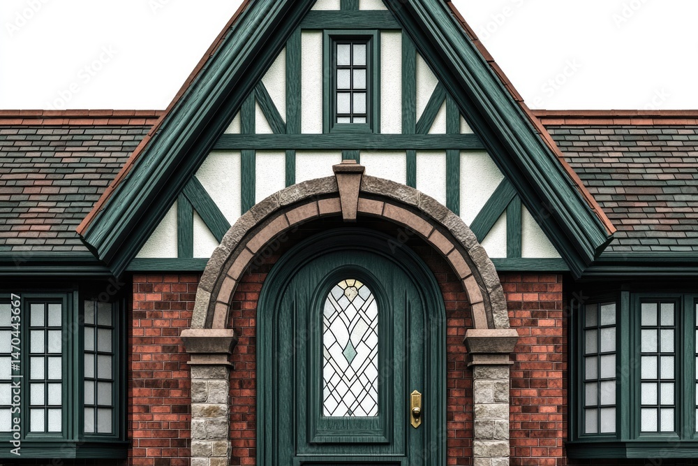 Obraz premium A Tudor-style house facade features a unique arched door, brick walls, white plaster and decorative dark-green wooden beams.