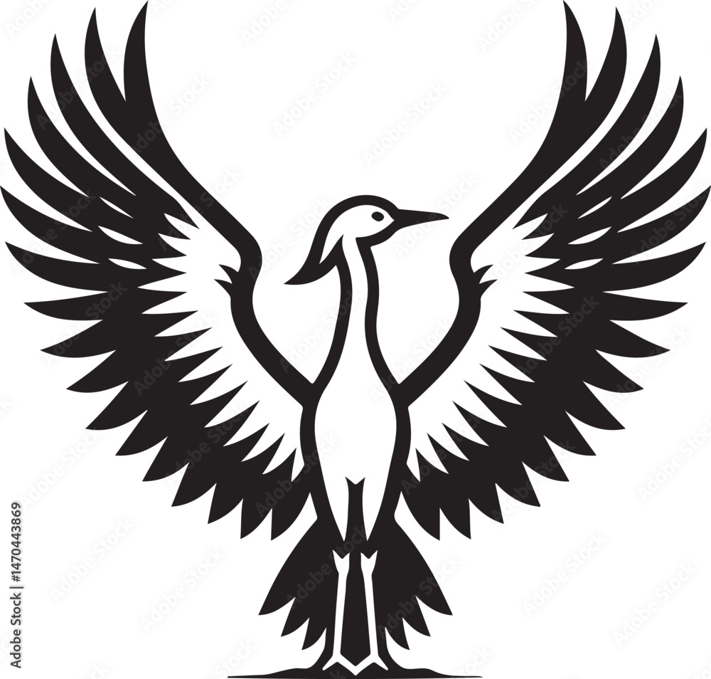 Obraz premium Silhouette vector of a folded wings crane in elegant stance, perfect for logos, wildlife art, zen, and minimalistic design concepts.