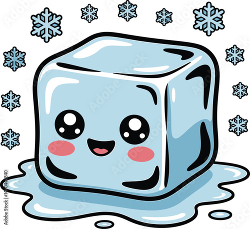 Cute kawaii cartoon ice cube character with smiling face and adorable expressions surrounded by snowflakes