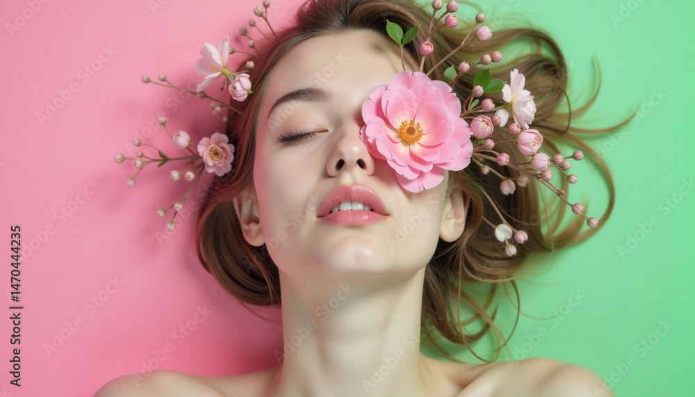 Young woman with closed eyes and pink flowers in her hair on a split pink and green background, Natural Beauty. Young woman with closed eyes and pink flowers in her hair on a split pink and green background, Natural Beauty.