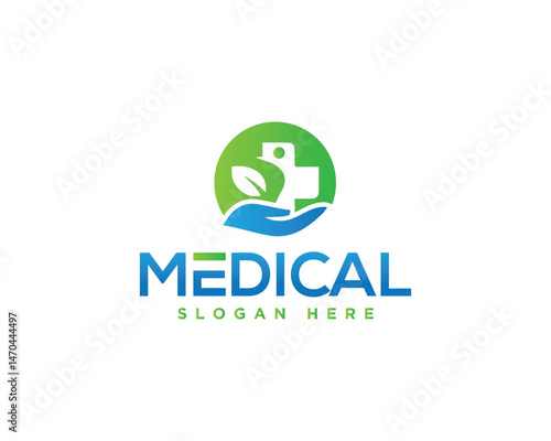 Medical health care logo vector template design with cross hand and leaf