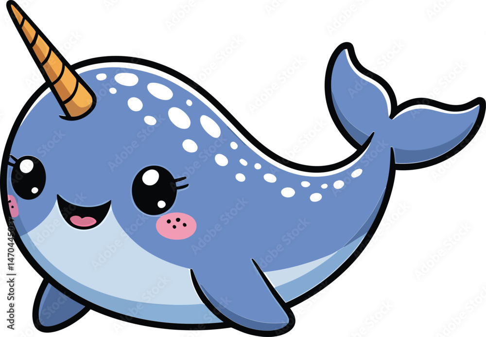 Fototapeta premium Cute cartoon narwhal character with smiling face in a happy and adorable pose