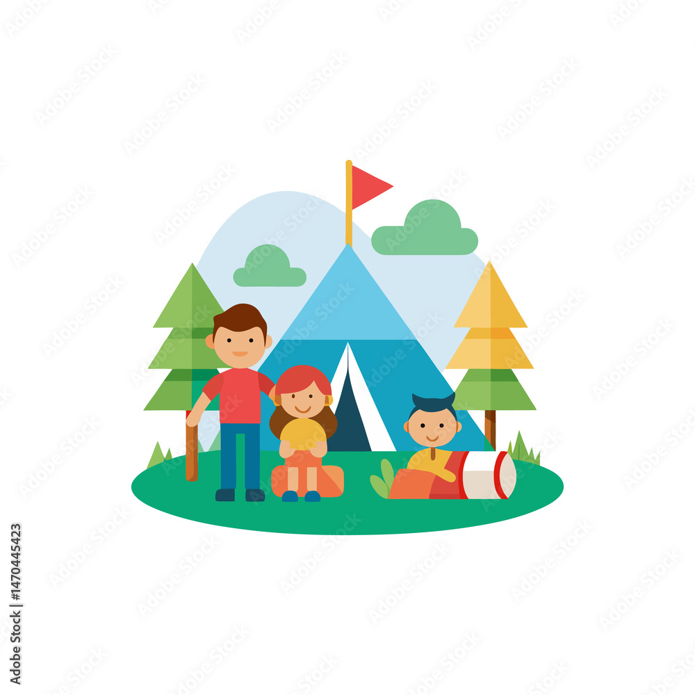 Fototapeta premium Family Camping with Flag