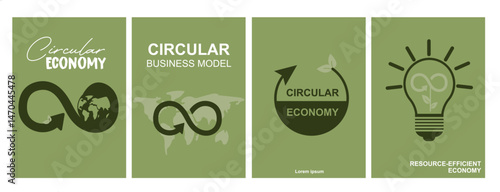 Sustainable Economy Concept Icons Green Business Collection. Four green design panels featuring circular economy concepts with infinity symbols. resource-efficient business models. Vector illustration