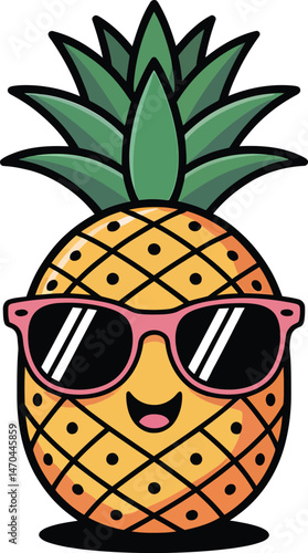 Cute cartoon pineapple wearing sunglasses smiling and ready for summer vacation or fun