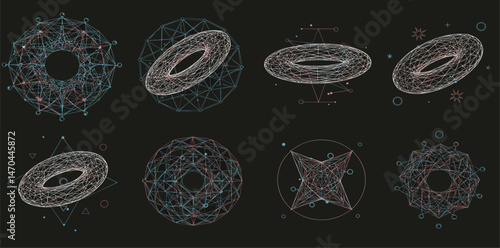 Vector graphic assets kit acid style, Postmodern abstract geometric shapes with wireframe elements of different forms, Y2K trendy design in brutalism