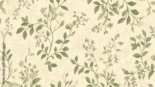 Delicate olive green floral sprigs on a creamy background, creating a subtle and elegant all-over print