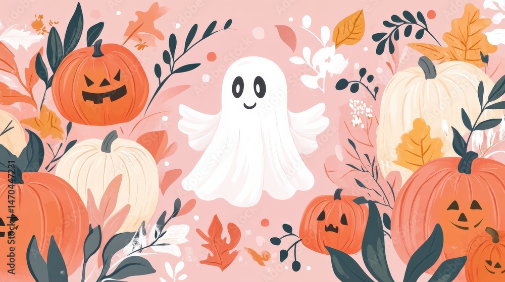 Fototapeta premium Whimsical halloween ghost surrounded by autumn pumpkins and fall leaves