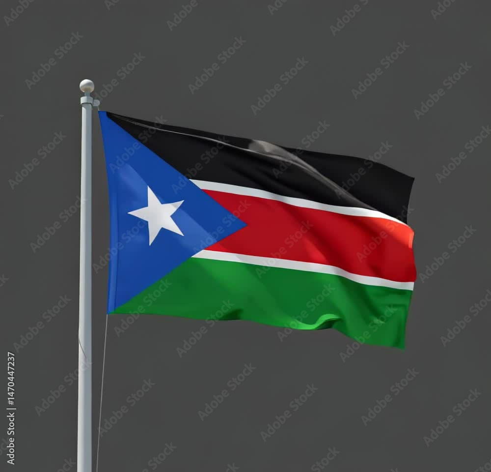 national flag of southern sudan nation waving on the wind on grey background, chroma key screen national flag of southern sudan nation waving on the wind on grey background, chroma key screen