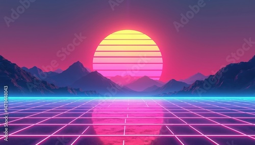 Fototapeta Naklejka Na Ścianę i Meble -  Synthwave retro cyberpunk style landscape. Neon pink, purple, blue colors. Futuristic sunset over mountains, digital grid floor creating retro atmosphere. Ideal for music album covers, games,
