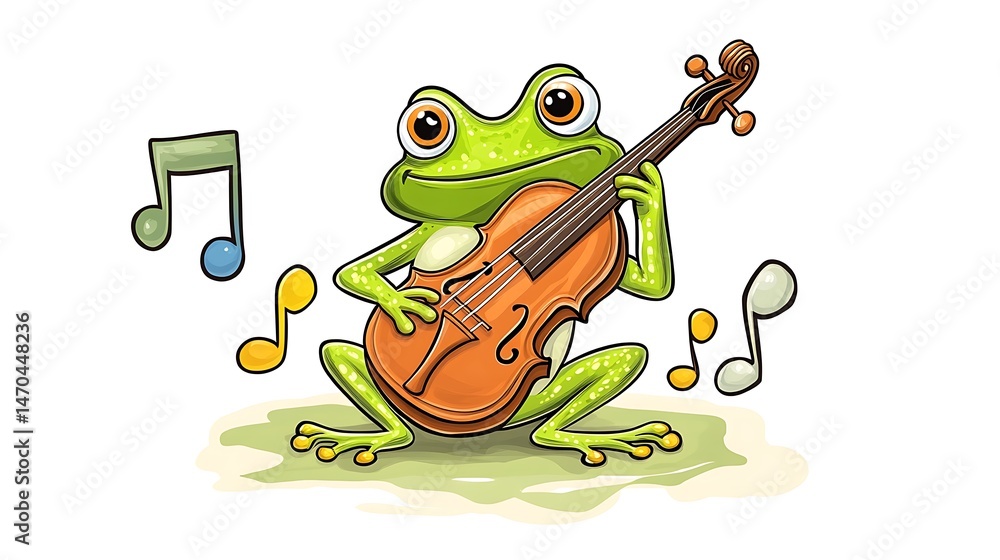 Obraz premium Cartoon frog playing violin with musical notes