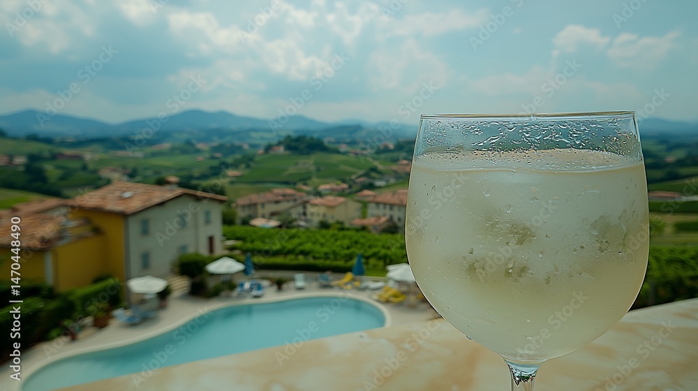 Obraz premium Refreshing drink overlooking vineyards and a pool