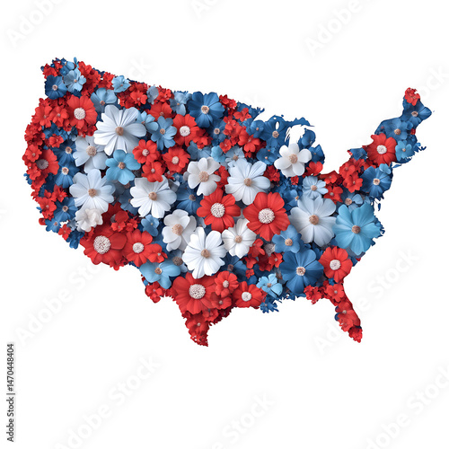 Usa map made of red blue white flowers isolated on transparent background