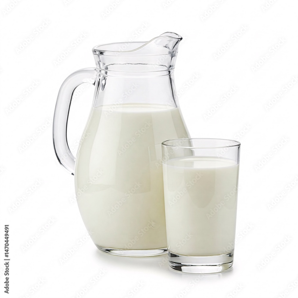 Clear glass pitcher and a glass with cow's milk, isolated on a white Clear glass pitcher and a glass with cow's milk, isolated on a white