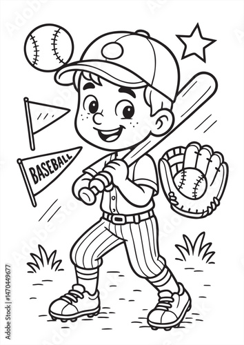 Cute baseball coloring page for kids featuring a smiling boy in uniform holding a bat, with glove, ball, flags, and star decorations.