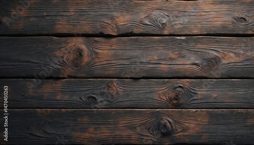 Charred wood texture with rich dark patina and distinct wood grain. Rustic wooden planks background. Black and brown colors. Surface pattern design for interior, architecture. Wall, timbering.