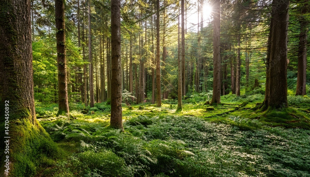 Fototapeta premium serene forest landscape with lush greenery and tall trees