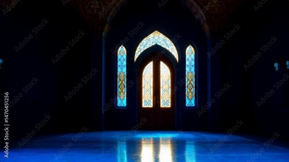 Sunlight Streaming Through Stained Glass Door Creating Mystical Atmosphere Sunlight Streaming Through Stained Glass Door Creating Mystical Atmosphere