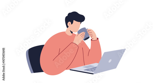 Young man enjoying coffee while working on laptop  