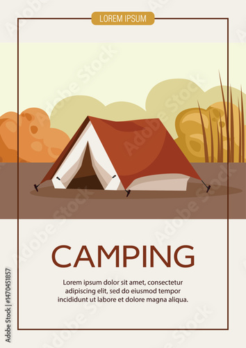 Summer camp promo flyer. Camping in nature, picnic, traveling, hiking. Design for template, banner, poster, website, flyer.