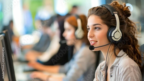 Wallpaper Mural A smiling woman with a headset is in a bright, busy office environment, likely a call center or customer support area, assisting people. She looks friendly and ready to provide excellent service. Torontodigital.ca