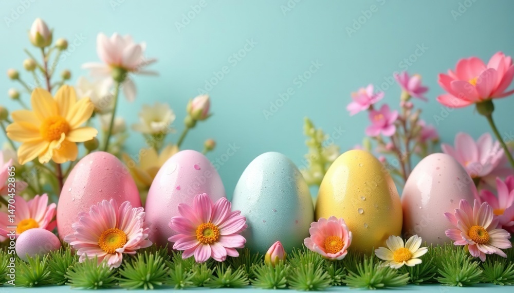 Vibrant floral Easter eggs and spring blooms in a pastel arrangement , floral, rose Vibrant floral Easter eggs and spring blooms in a pastel arrangement , floral, rose