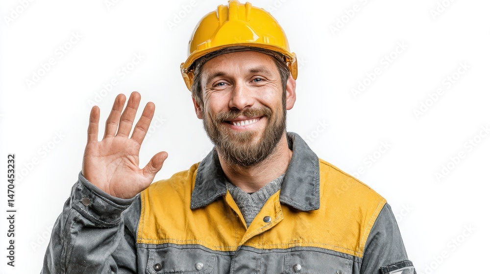 Portrait of a smiling construction worker in uniform and wearing a helmet, isolated on a white background