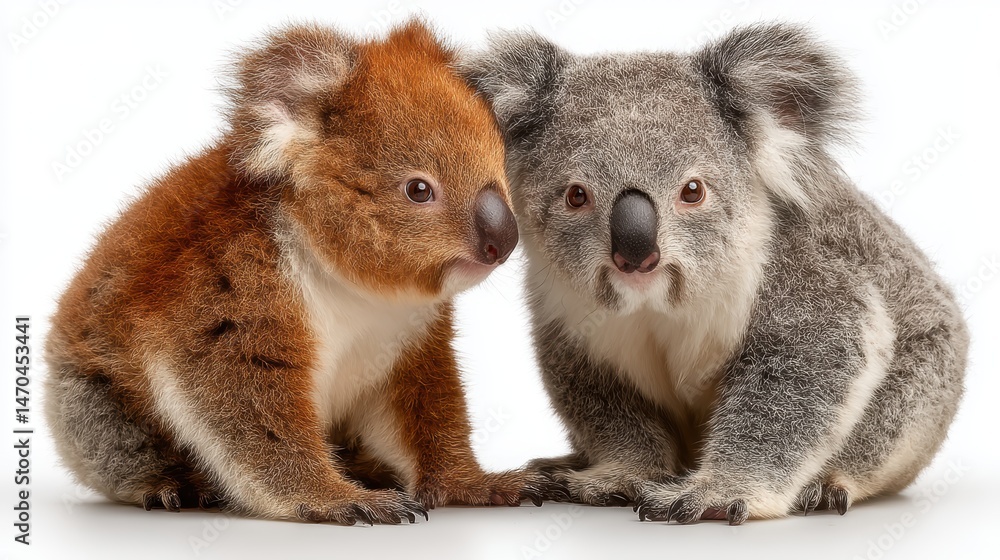 Fototapeta premium Two adorable koalas face each other in a playful stance, isolated on a white background