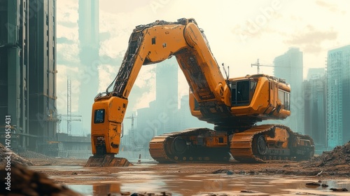 Futuristic construction vehicle in urban environment.