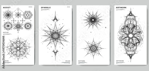 Brutalist style vector minimalistic Posters with silhouette basic figures, Retro futuristic graphic elements of geometrical shapes rave composition,