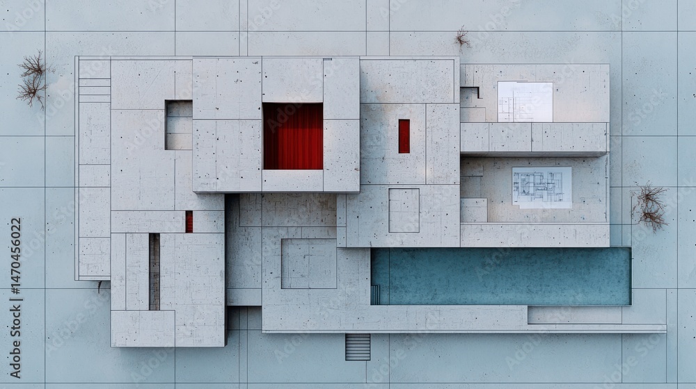 Fototapeta premium A modern concrete building with a red interior and pool