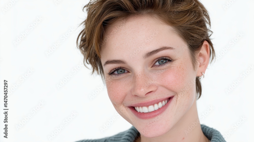 Naklejka premium Studio photo of a smiling woman with short hairstyle isolated on white background
