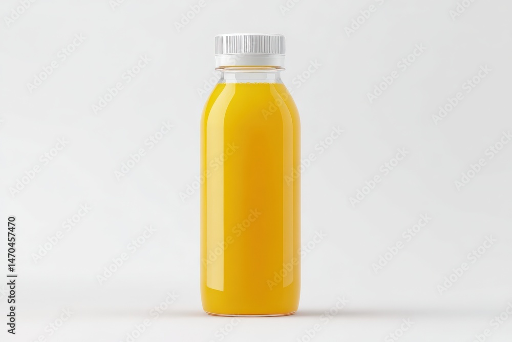 Refreshing orange juice in a clear bottle against a bright background. Refreshing orange juice in a clear bottle against a bright background.