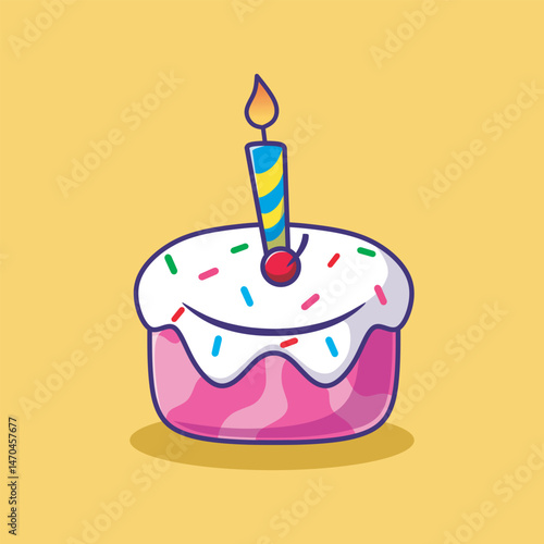 Cute pink birthday cake vector. With creamy frosting and a candle. Perfect for cards, and party decor. Add a charming touch to any event.