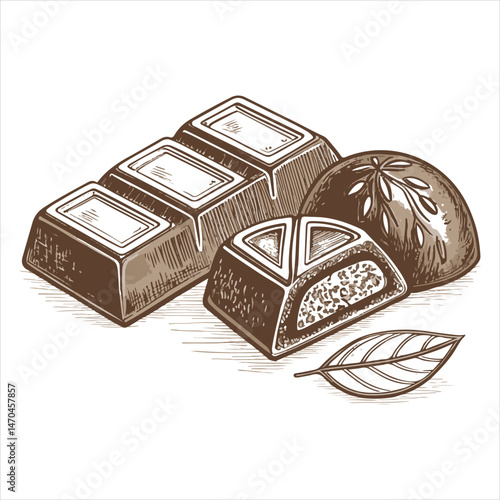Фотография A black-and-white picture of a chocolate box with a leaf inside