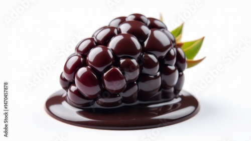 Rich, glossy dark chocolate candy with a smooth texture, melting into a pool on a white background