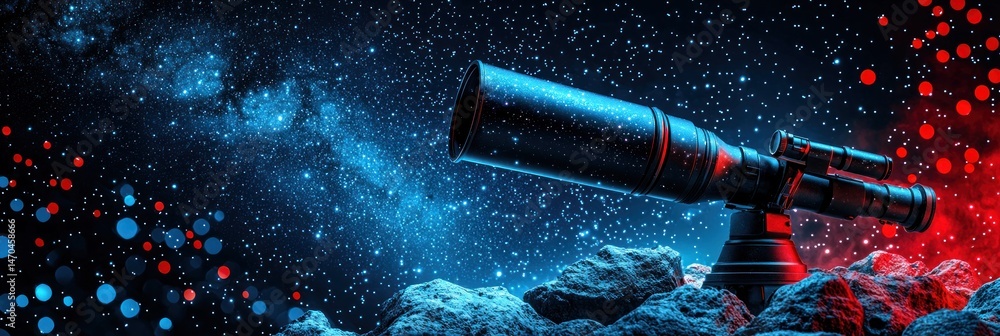 A telescope rests on a rocky surface, pointed towards a vibrant cosmos speckled with red and blue particles A telescope rests on a rocky surface, pointed towards a vibrant cosmos speckled with red and blue particles