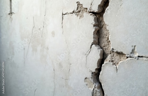 Close-up of old wall with cracked texture. Cement mortar, fractured surface, rift, flaw. Grunge, white color. Aged, abstract pattern, gray, cement, stucco, damaged, weathered background. Perfect