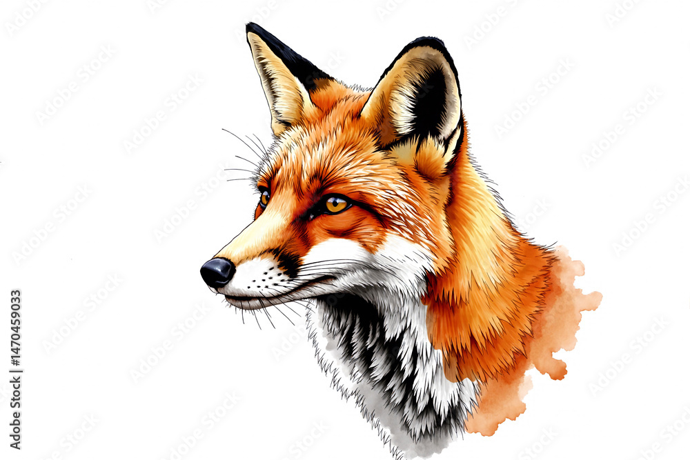 Fototapeta premium watercolor and ink illustration depicting the head and shoulders of a red fox looking alertly to the side, rendered in a realistic style on a clean white background with an artist's red seal. Wildlife