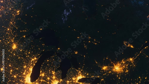Planet Earth at Night. Canada Night Map Zoom Out. View from Space Orbit. Globe
