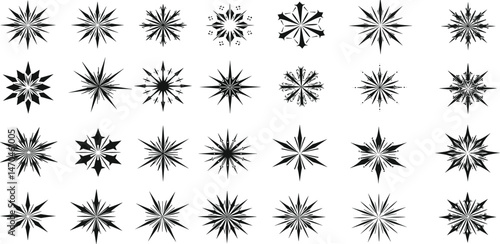 Collection of different vector sparkling stars icon, decorative twinkle and bursts forms, abstract shining flash symbols, glowing light effect, y2k style basic