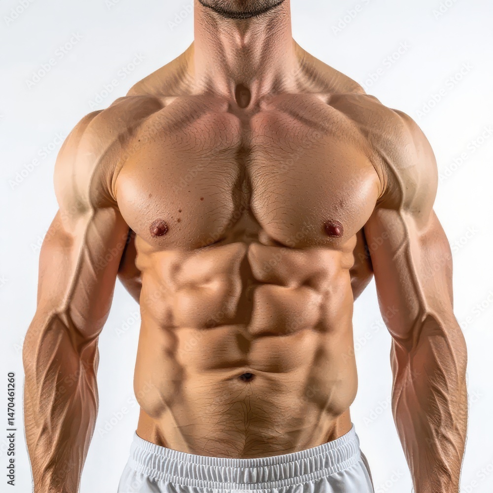 Fototapeta premium Torso Displays Muscular Physique Against White Backdrop