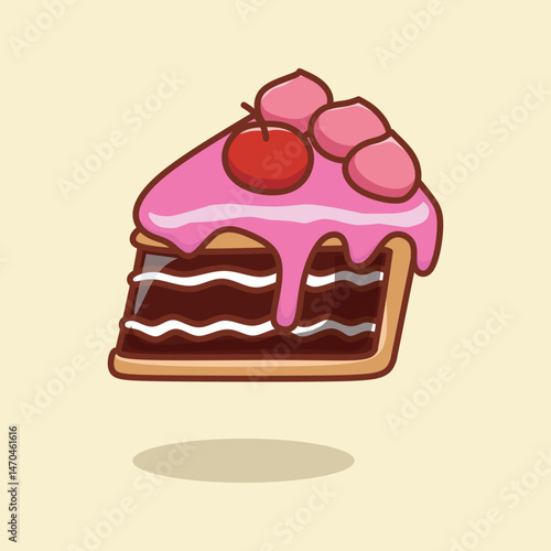 Vector illustration of  piece of cake with cream and berry on colorful background.