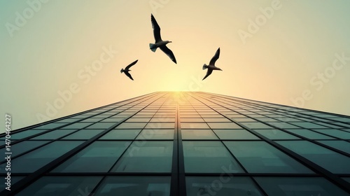 Three birds fly towards a building under the setting sunlight