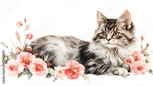 Wallpaper Mural Cat with Pink Flowers Hand Drawn Illustration Torontodigital.ca