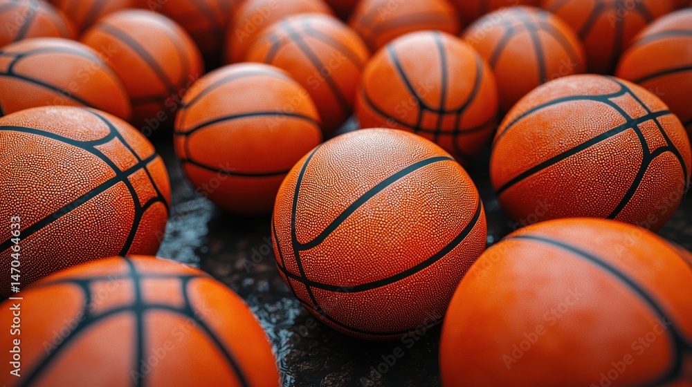Close-up of numerous orange basketballs arranged closely together on a dark surface, emphasizing texture and depth Close-up of numerous orange basketballs arranged closely together on a dark surface, emphasizing texture and depth