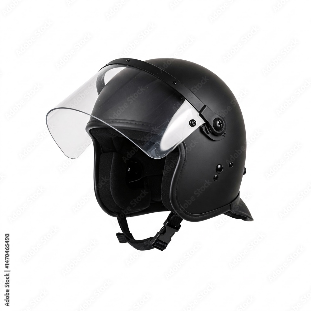 Fototapeta premium Black matte riot helmet with clear face shield falling, isolated on white background.