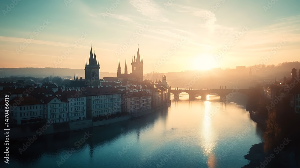 Naklejka premium Beautiful city sunset with birds and glowing skyline high resolution picture